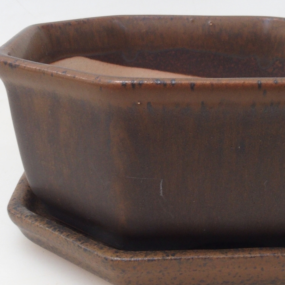 Bonsaischale + Untertasse H13 - 12,5x12,5 x4,5 cm - braun