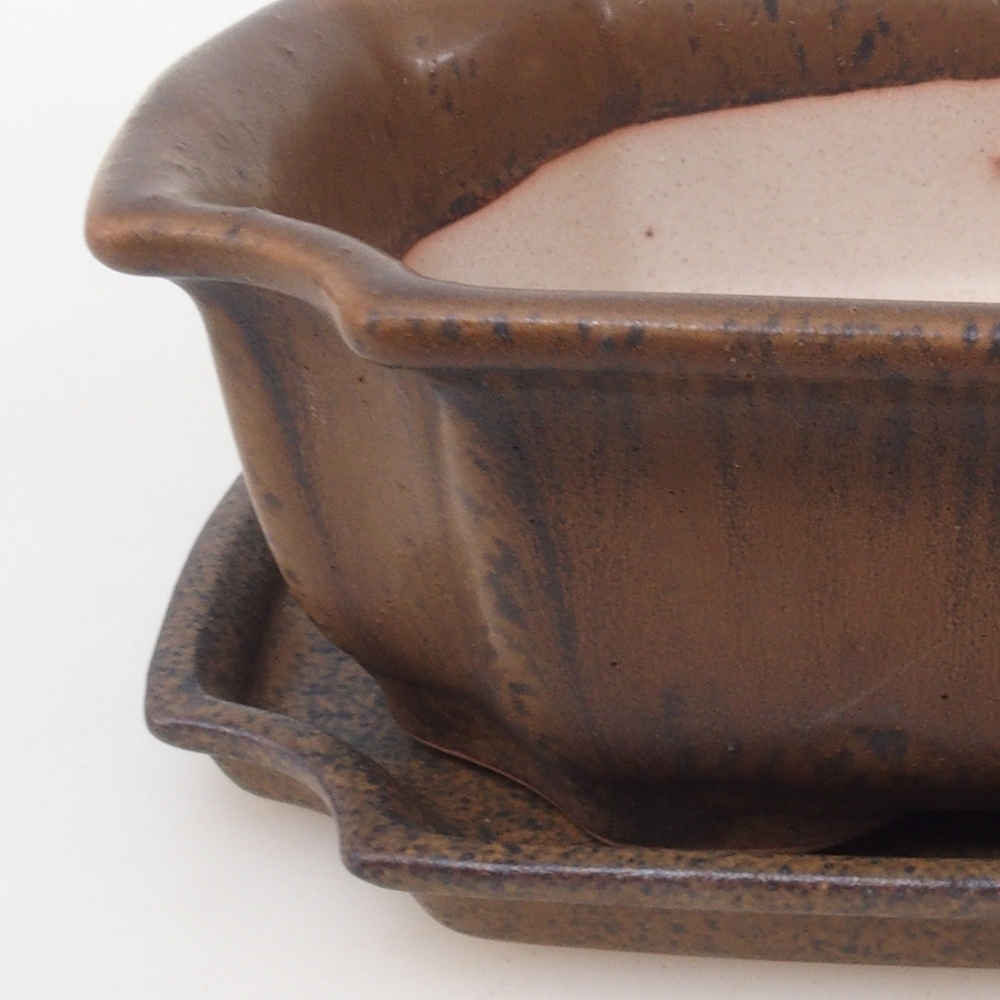 Bonsaischale + Untertasse H03 - 16,5 x 12 x 4,5 cm - braun