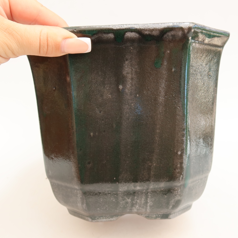 Keramik-Bonsai-Schale 17,5 x 17,5 x 15,5 cm, Farbe: metallisch-grün