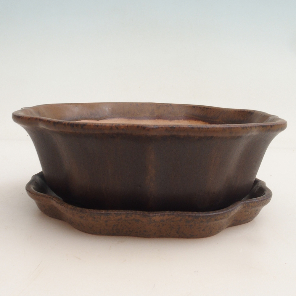 Bonsaischale + Untertasse H06 - 14,5 x 14,5 x 5 cm - braun