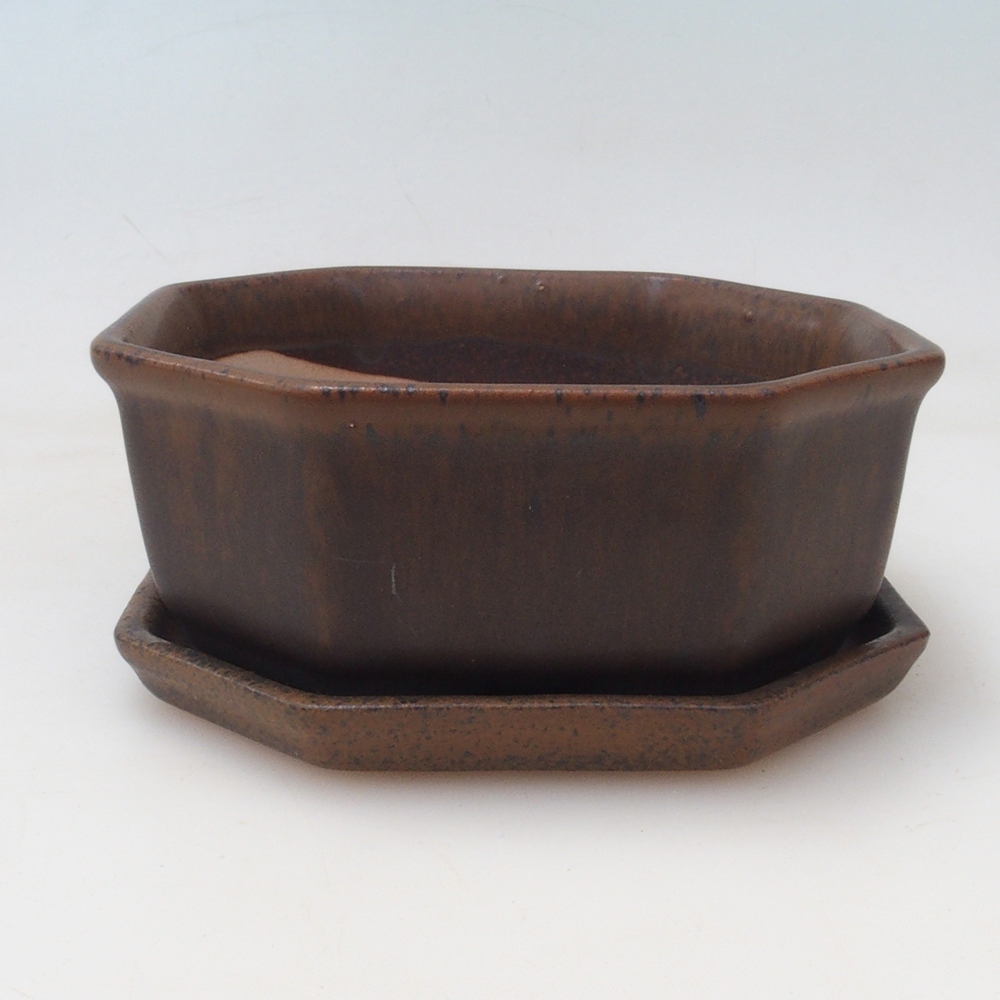 Bonsaischale + Untertasse H13 - 12,5x12,5 x4,5 cm - braun