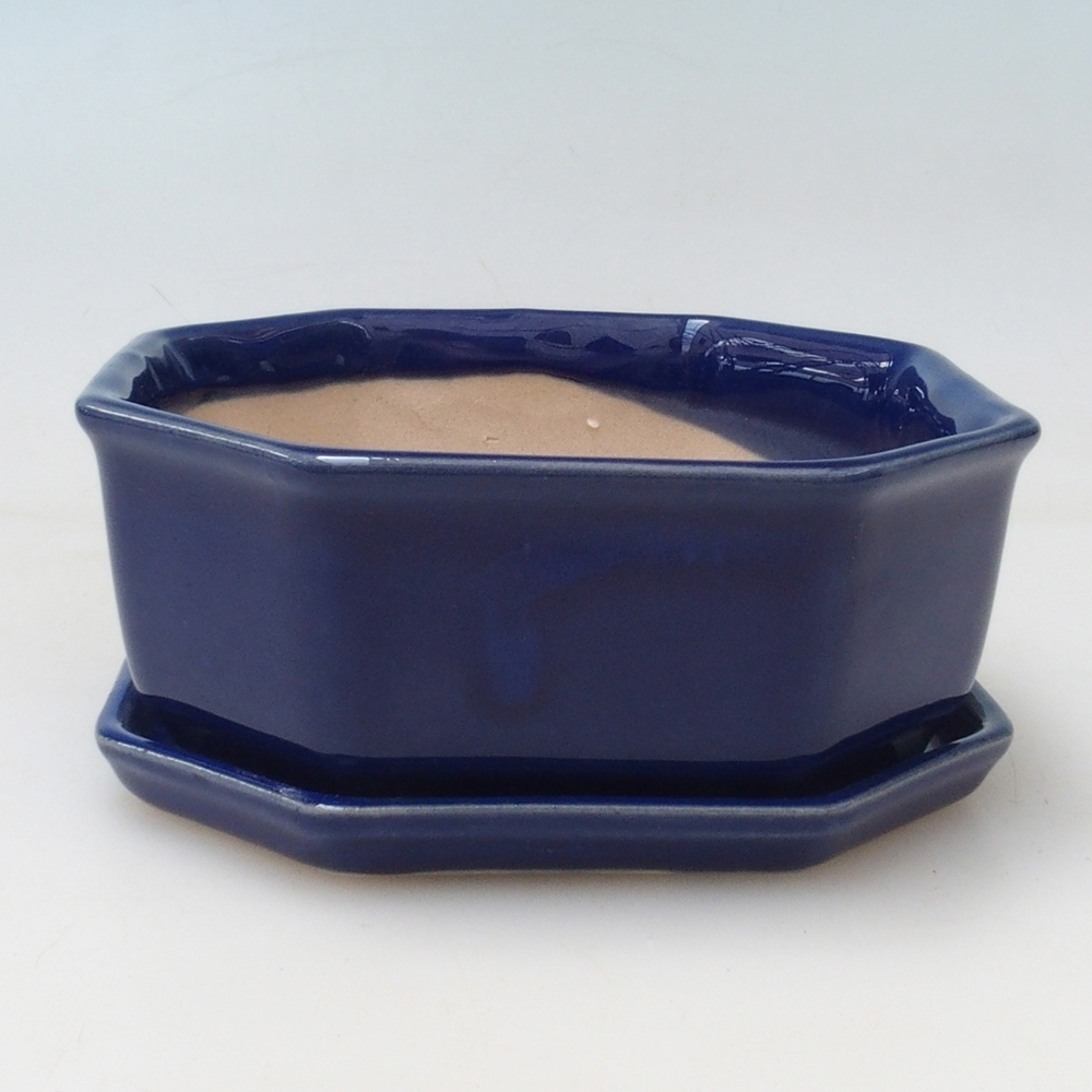 Bonsaischale + Untertasse H13 - 12,5x12,5 x4,5 cm - blau