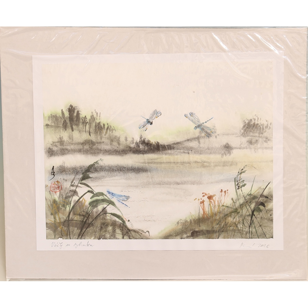 Kalligraphie – Libellen am Teich